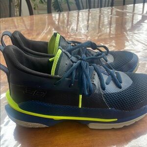 Under ARMOUR Curry 7 Navy and Neon Green Athletic Shoes